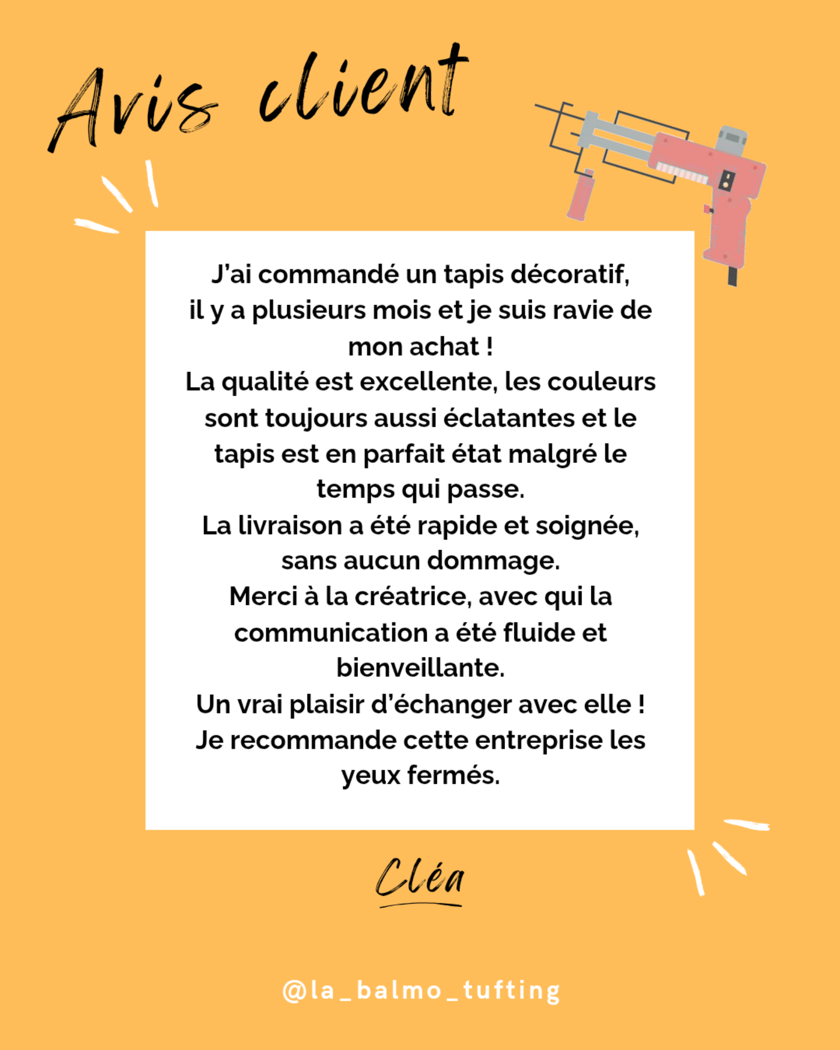Avis laissé par un.e client.e suite à un achat ou une commande à La Balmo TUFTING