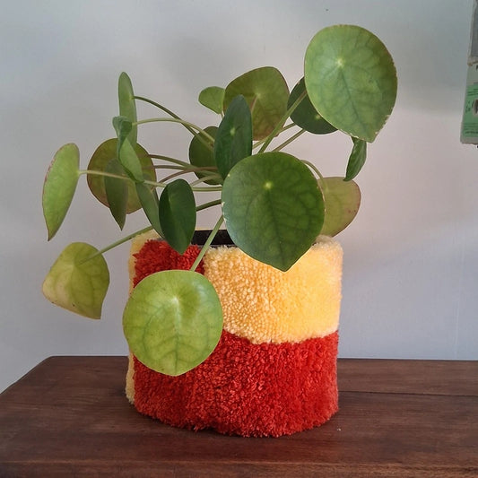 Cache-pot tufté en laine aux coloris jaunes et rouge pour illuminer les plantes