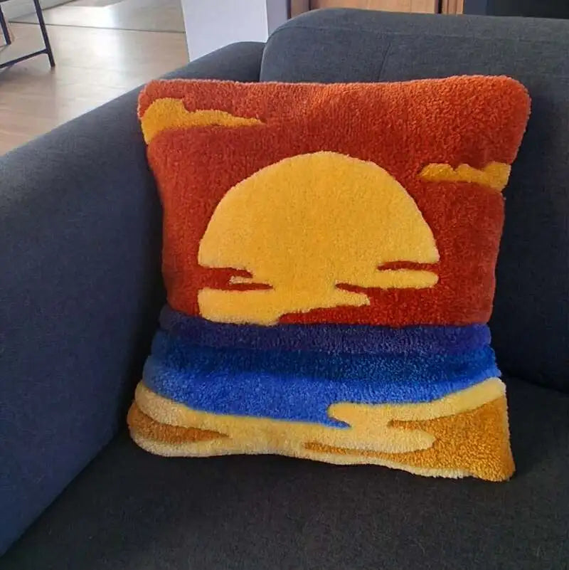 Coussin tufté personnalisé représentant un coucher de soleil sur une plage