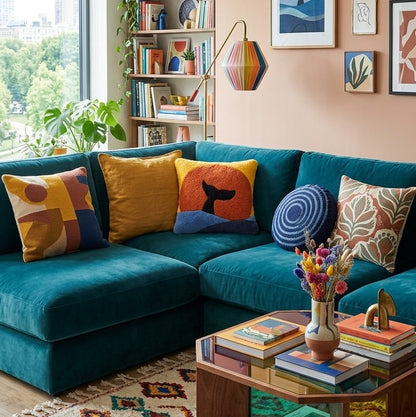 Le coussin tufté "baleine" s'intègre dans un salon coloré pour apporter de la douceur et une touche unique