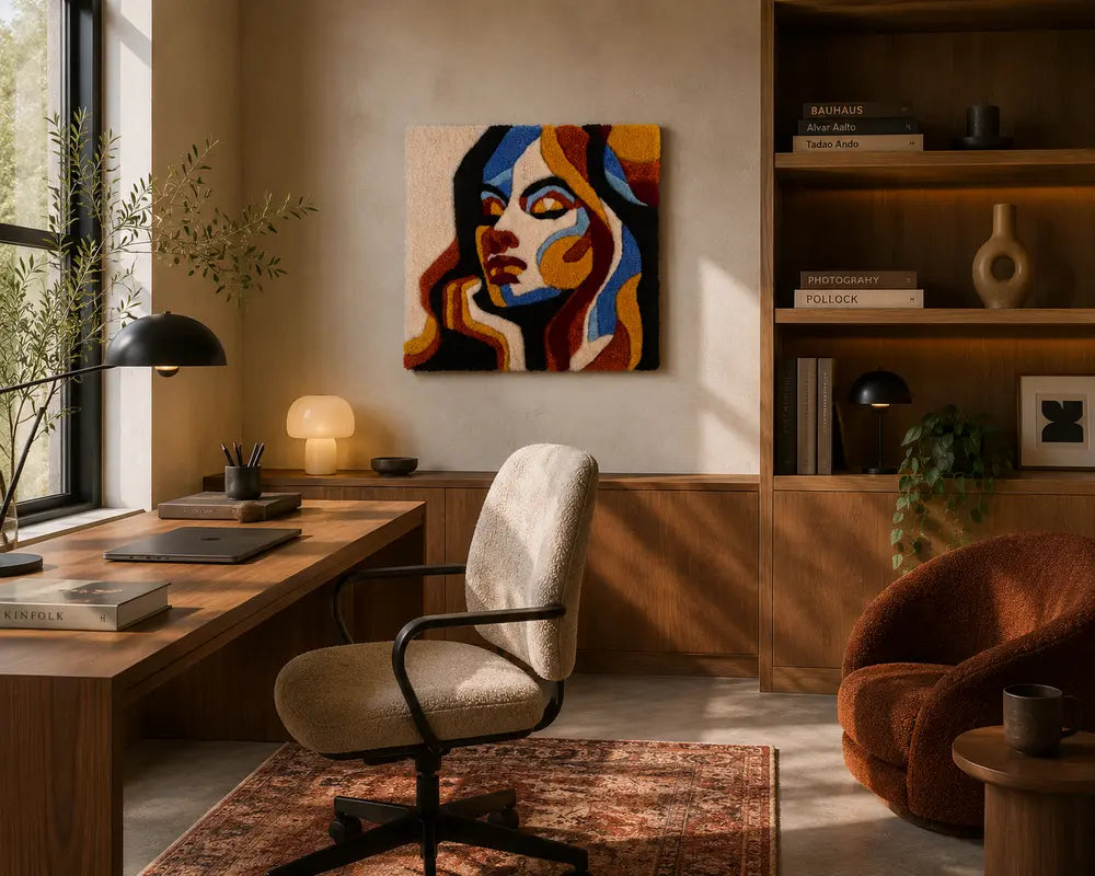 Salon moderne et épuré avec le portrait d'une femme, Dyna, en tufting mural