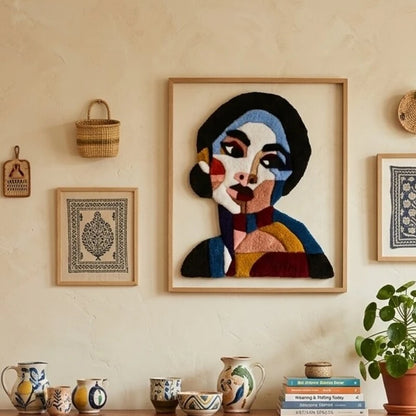 Salon moderne où trône le portrait tufté d'Eileen, création unique et originale réalisée en laine acrylique