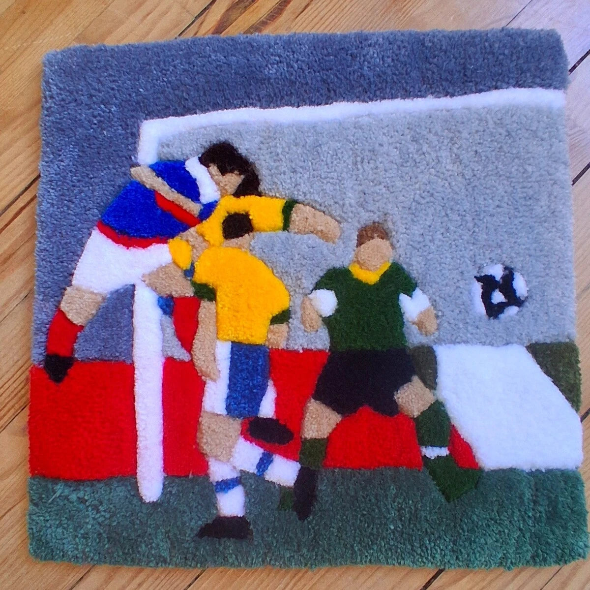 Tufting mural en laine acrylique représentant le but de Zidane contre le Brésil en 1998